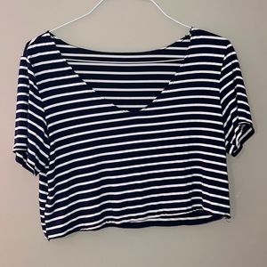SHEIN navy blue and white striped scoop neck flowy crop top